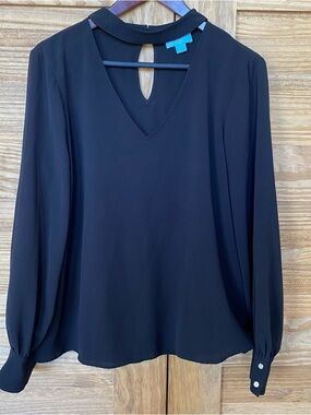 CeCe Black Chiffon V-Neck Blouse Long Sleeve with Choker Detail Women's Large